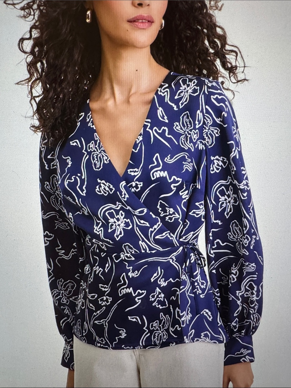 INC International Concepts Navy & White Floral Wrap Blouse